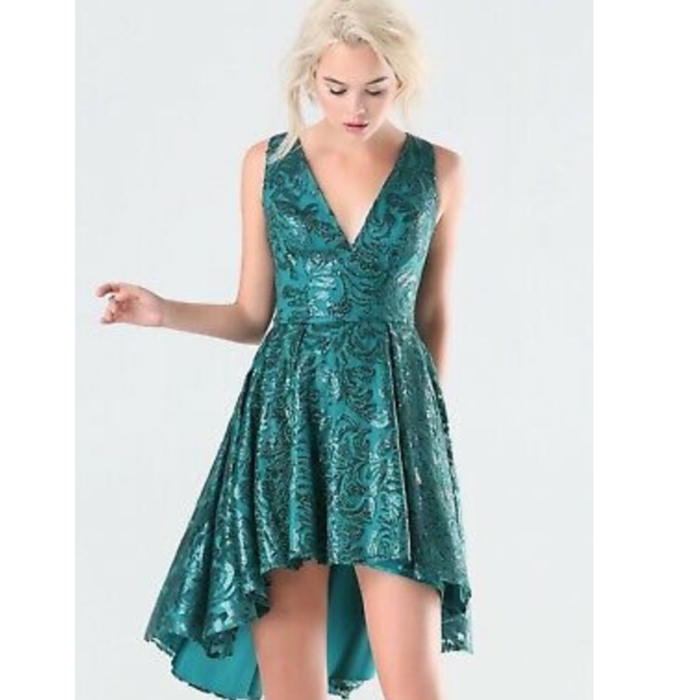 Bebe Emerald/ Teal Sequin Ball Gown Dress